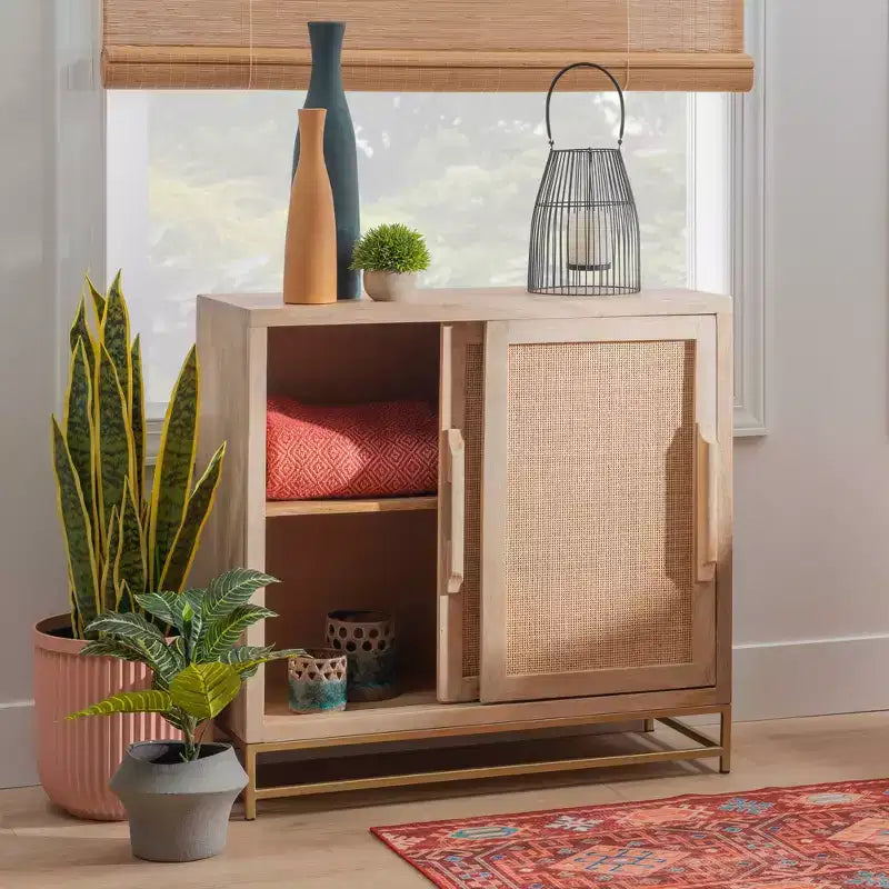 Gordon Transitional Sliding Natural Cane Door Cabinet with 1 Shelf and Gold Metal Base - Powell