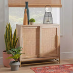 Gordon Transitional Sliding Natural Cane Door Cabinet with 1 Shelf and Gold Metal Base - Powell