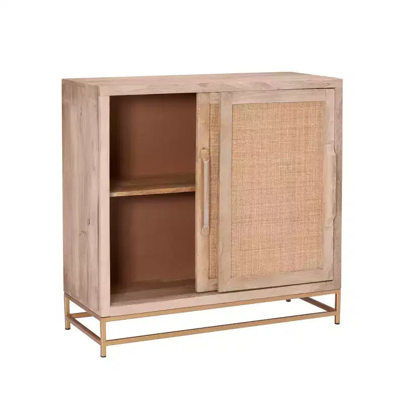 Gordon Transitional Sliding Natural Cane Door Cabinet with 1 Shelf and Gold Metal Base - Powell
