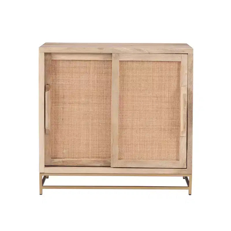 Gordon Transitional Sliding Natural Cane Door Cabinet with 1 Shelf and Gold Metal Base - Powell