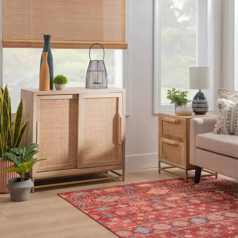 Gordon Transitional Sliding Natural Cane Door Cabinet with 1 Shelf and Gold Metal Base - Powell