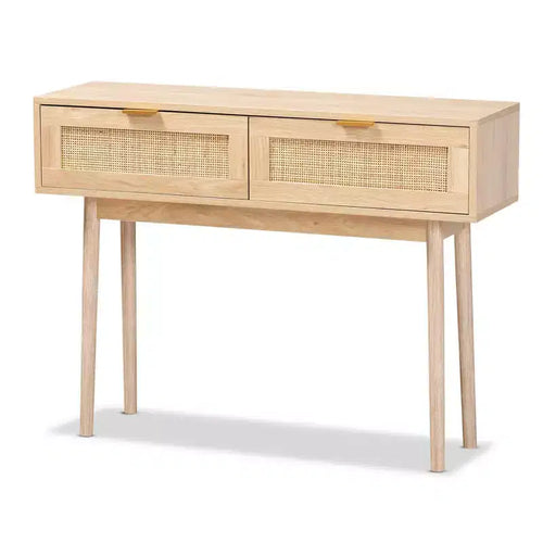 Baird Wood and Rattan 2 Drawer Console Table Brown - Baxton Studio: Gold Tone Handles, Bohemian Style
