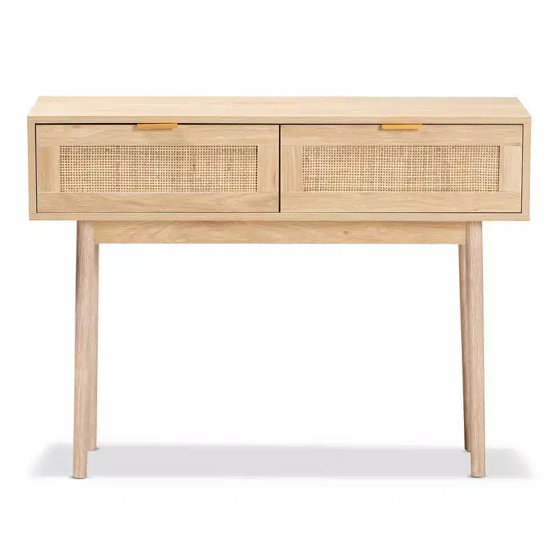 Baird Wood and Rattan 2 Drawer Console Table Brown - Baxton Studio: Gold Tone Handles, Bohemian Style