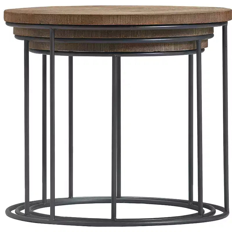 Set of 3 Berkshire Distressed Wood Nesting Side Tables - Finch: Metal Base, No Assembly Required