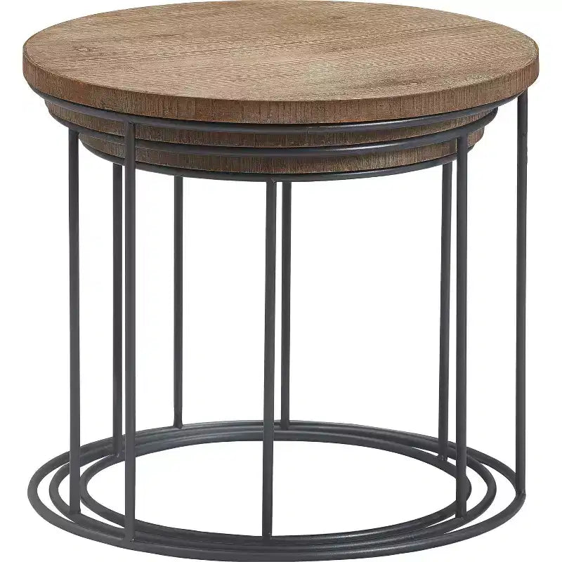 Set of 3 Berkshire Distressed Wood Nesting Side Tables - Finch: Metal Base, No Assembly Required