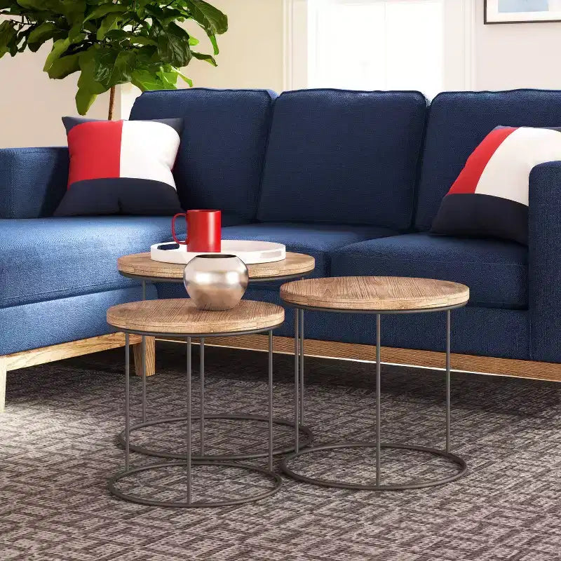 Set of 3 Berkshire Distressed Wood Nesting Side Tables - Finch: Metal Base, No Assembly Required
