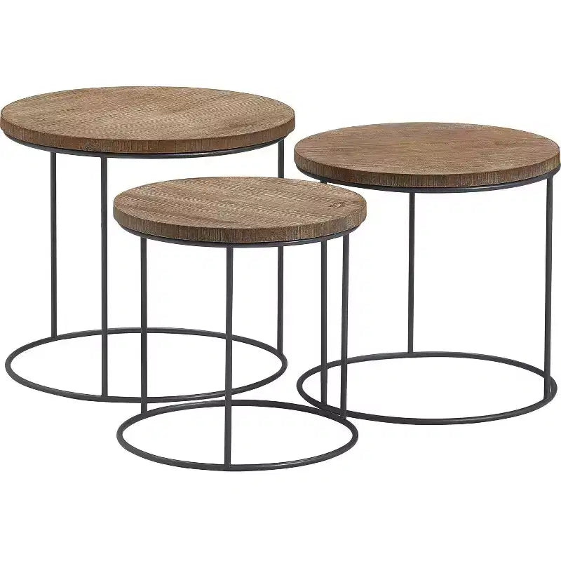 Set of 3 Berkshire Distressed Wood Nesting Side Tables - Finch: Metal Base, No Assembly Required