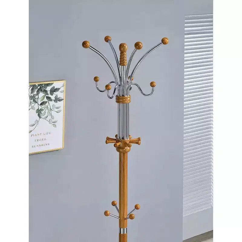 Ore International 73" Coat Rack Metal/Oak Wood: 5 Hooks, Freestanding, Easy Adult Assembly