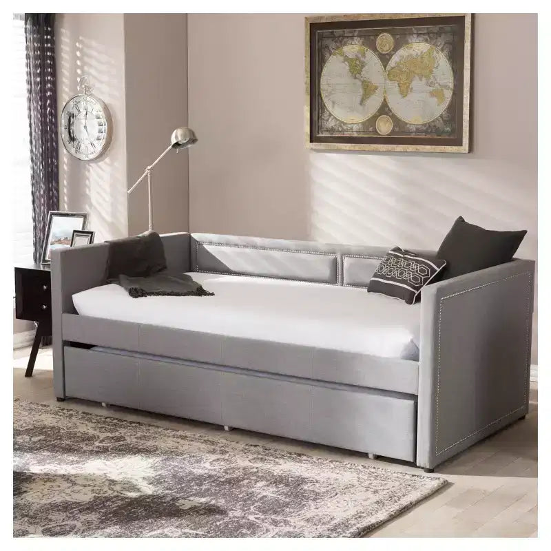Baxton Studio Twin Raymond Modern and Contemporary Fabric Nailhead Trimmed Sofa Daybed with Roll Out Trundle Guest Bed Gray: Rubberwood Frame