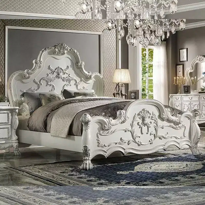 97"California King Bed Dresden Bed Bone White Finish - Acme Furniture: Traditional Design, Claw Feet, Faux Leather