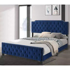 HOMES: Inside + Out California King Frostveil Transitional Button Tufted Panel Bed with Nailhead Trim Navy