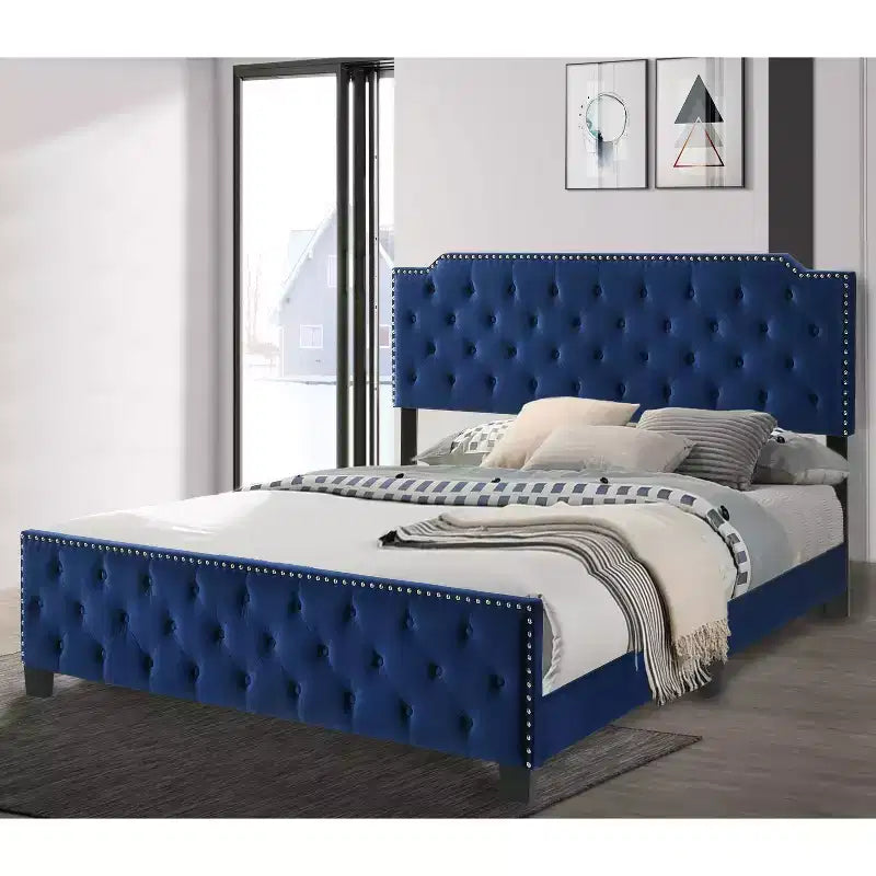 HOMES: Inside + Out California King Frostveil Transitional Button Tufted Panel Bed with Nailhead Trim Navy