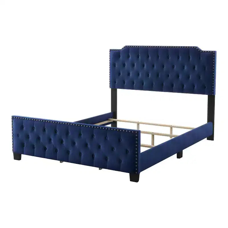 HOMES: Inside + Out California King Frostveil Transitional Button Tufted Panel Bed with Nailhead Trim Navy