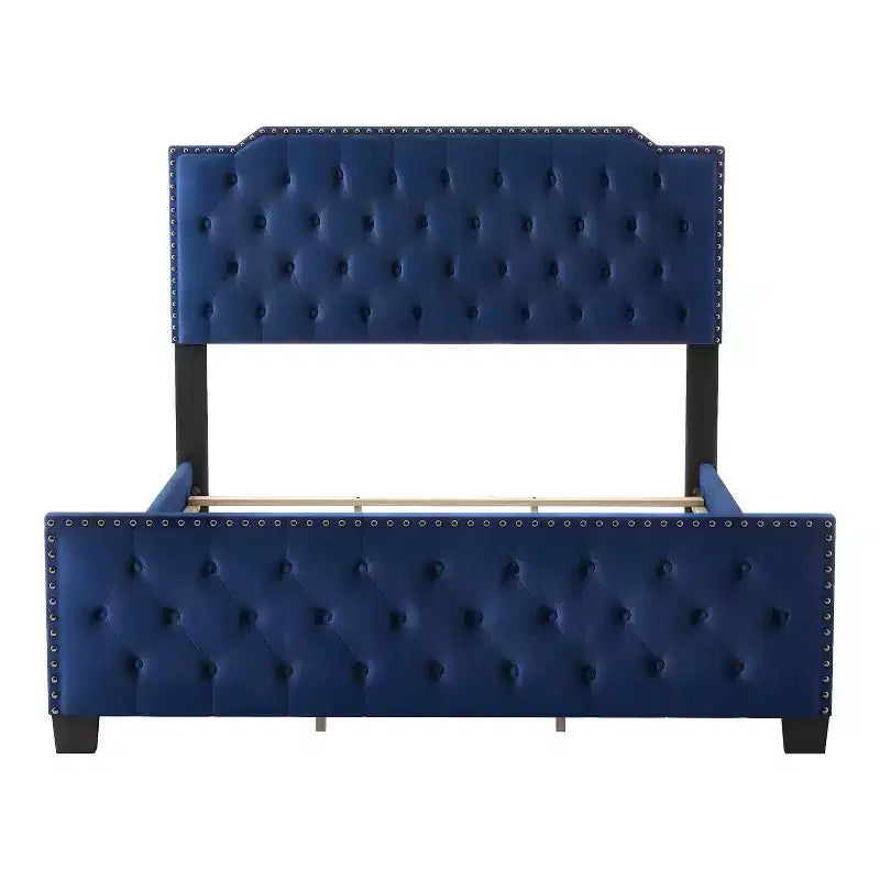 HOMES: Inside + Out California King Frostveil Transitional Button Tufted Panel Bed with Nailhead Trim Navy