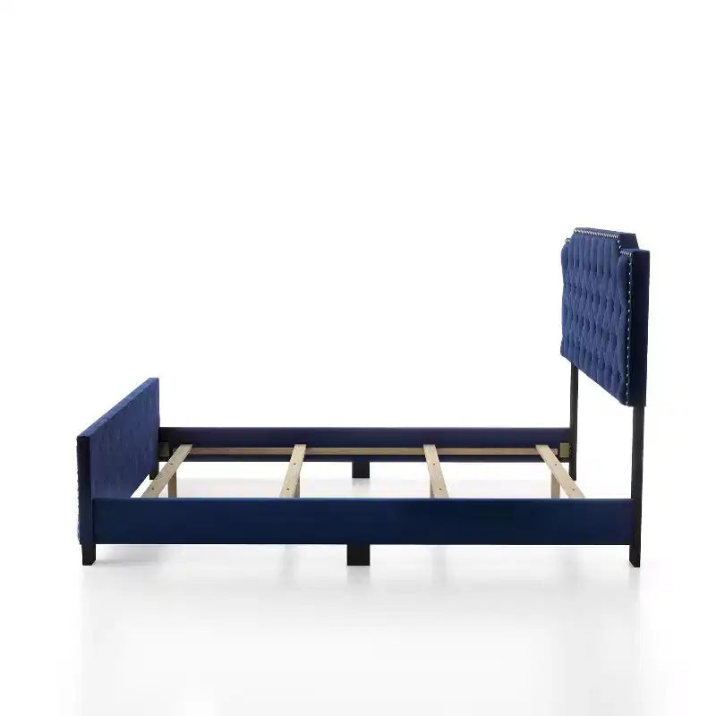 HOMES: Inside + Out California King Frostveil Transitional Button Tufted Panel Bed with Nailhead Trim Navy