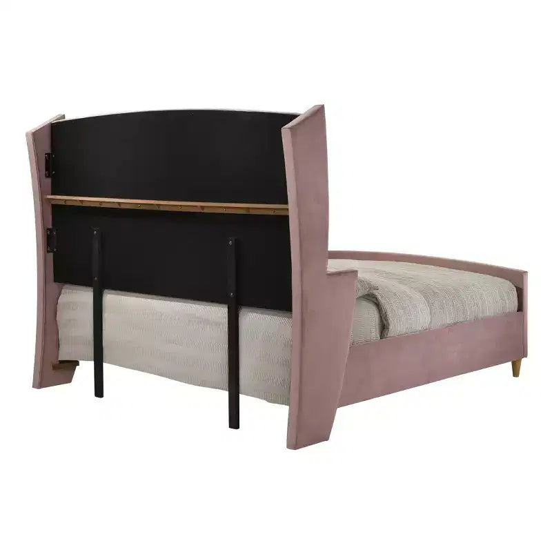 Letto King Size Orientale da 90" Salonia Letto in Velluto Rosa - Acme Furniture: Piattaforma Imbottita Capitonnè, Finitura Lucida, Struttura in Metallo