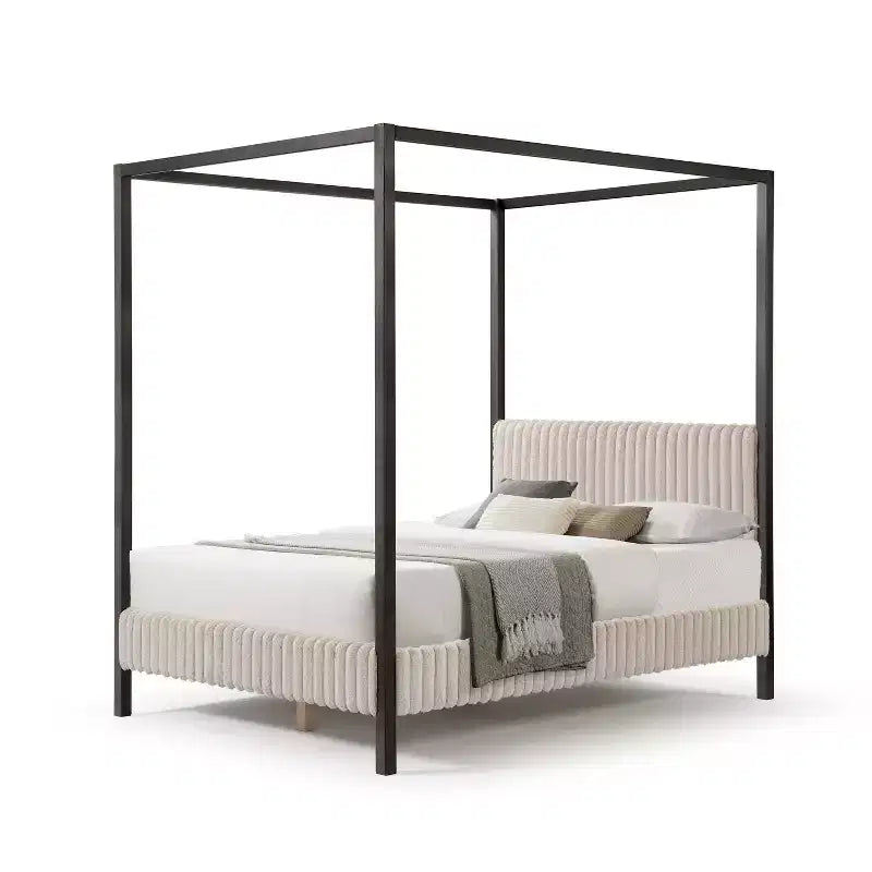 HOMES: Inside + Out Queen Barrette Canopy Platform Bed with Corduroy Upholstered Bed Light Brown