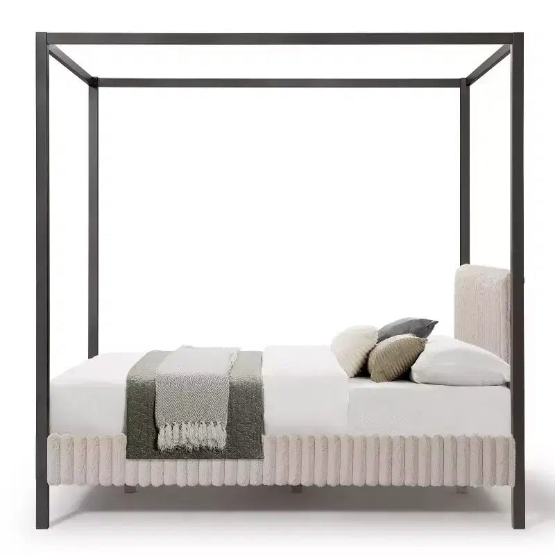 HOMES: Letti a baldacchino e a piattaforma "Inside + Out Queen Barrette" con testiera imbottita in velluto a coste, colore marrone chiaro