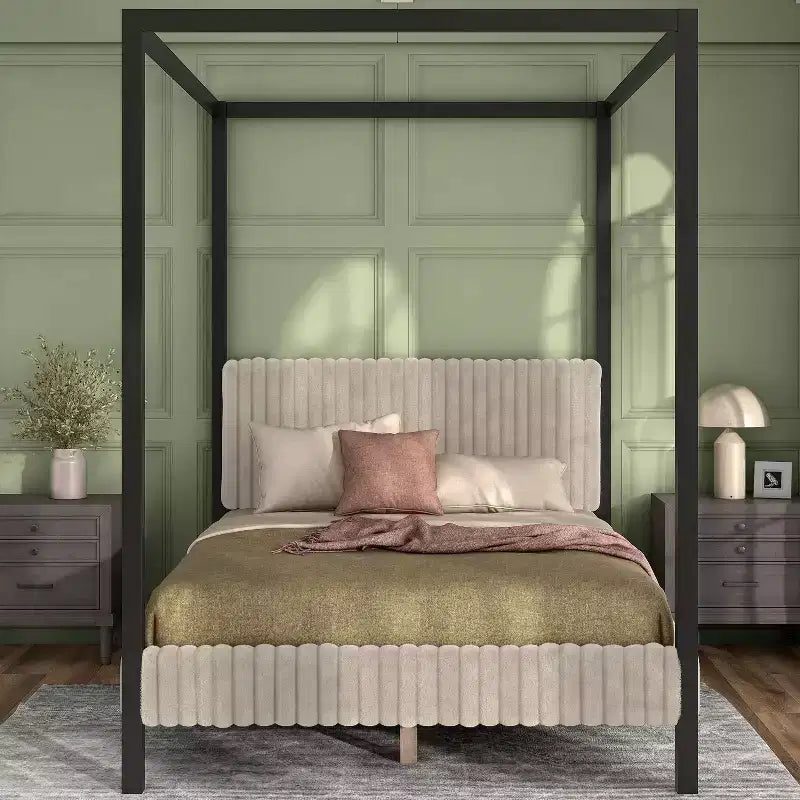 HOMES: Letti a baldacchino e a piattaforma "Inside + Out Queen Barrette" con testiera imbottita in velluto a coste, colore marrone chiaro