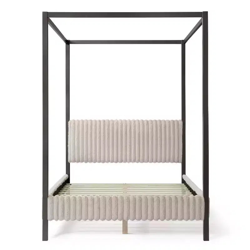 HOMES: Letti a baldacchino e a piattaforma "Inside + Out Queen Barrette" con testiera imbottita in velluto a coste, colore marrone chiaro