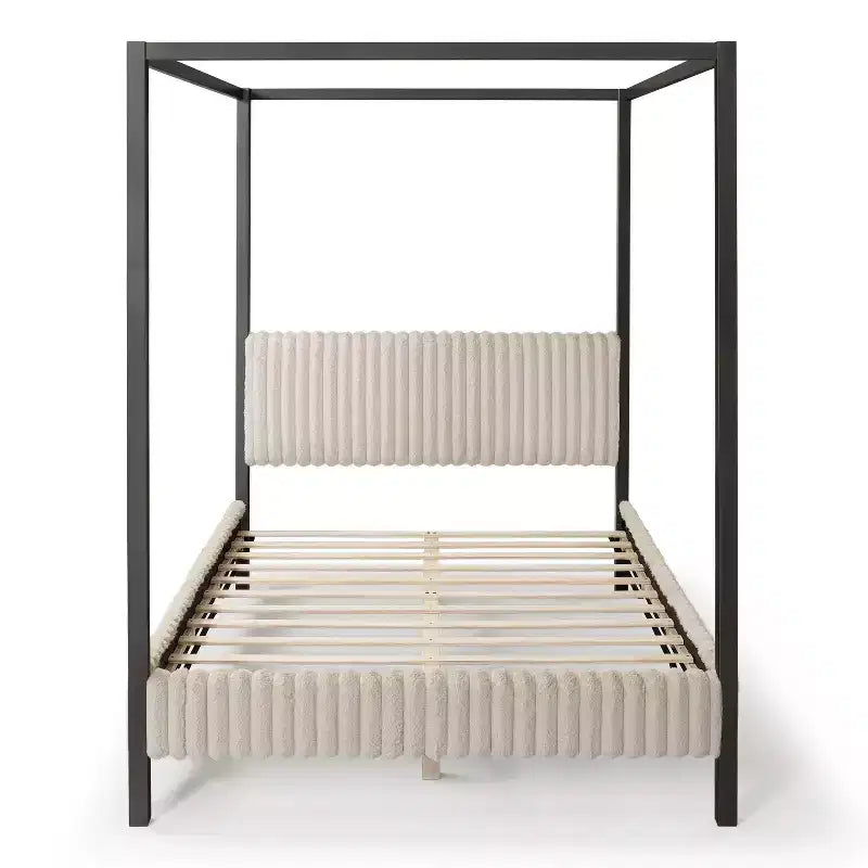HOMES: Letti a baldacchino e a piattaforma "Inside + Out Queen Barrette" con testiera imbottita in velluto a coste, colore marrone chiaro