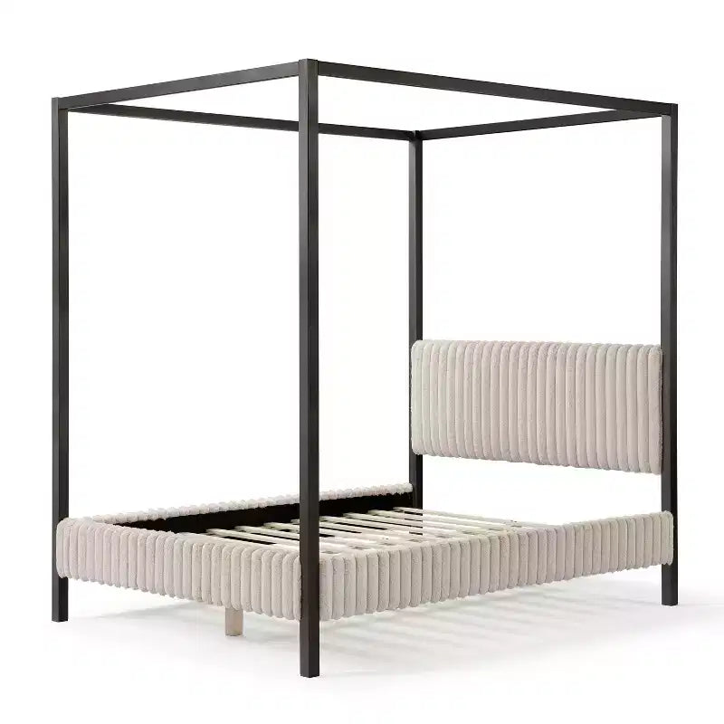 HOMES: Letti a baldacchino e a piattaforma "Inside + Out Queen Barrette" con testiera imbottita in velluto a coste, colore marrone chiaro