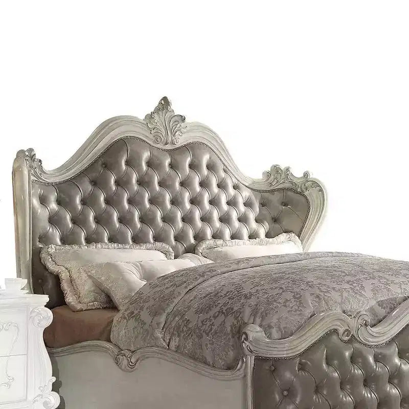 95" Queen Bed Versailles Bed Vintage Gray Synthetic Leather & Bone White Finish - Acme Furniture