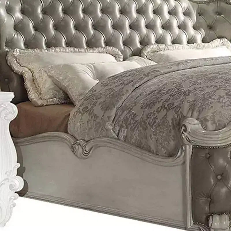 95" Queen Bed Versailles Bed Vintage Gray Synthetic Leather & Bone White Finish - Acme Furniture
