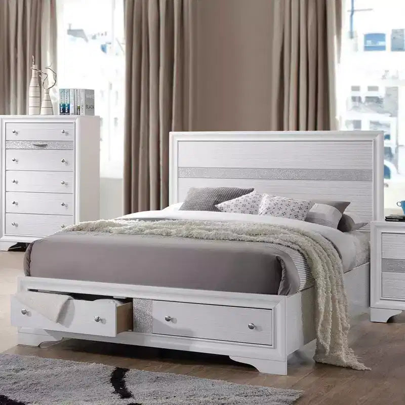 84" Queen Bed Naima Bed White - Acme Furniture: Contemporary Glossy Platform with Built-In Storage