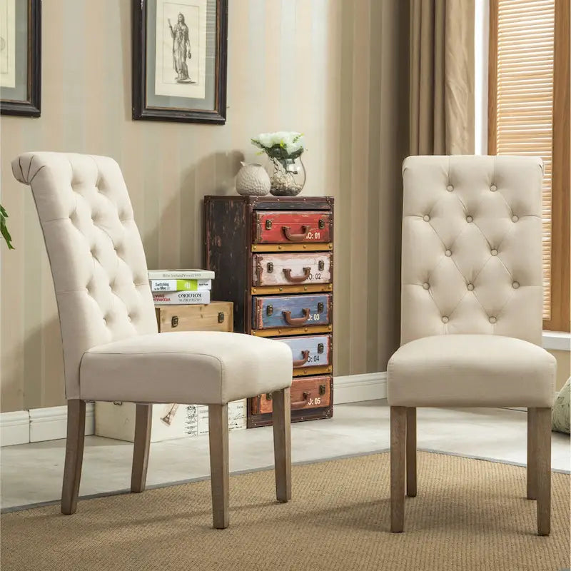 5 Piece Dining Table Set, Wooden Kitchen Furniture Set, Round Table with Cross-Buck Pedestal Base and 4 Tufted Chairs