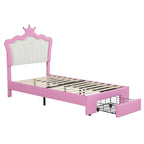 Letto Imbottito Singolo con Luci LED, Letto Imbottito Moderno da Principessa con Testiera a Corona, un Cassetto, Rosa+Bianco