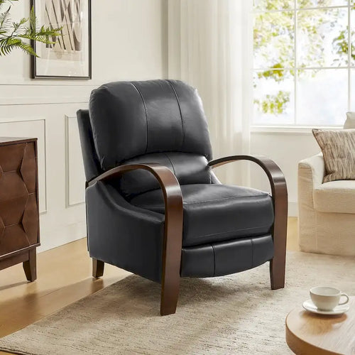 Alex Mid-century Modern Cigar Genuine Leather Manual Recliner with Wooden Curved Arms
