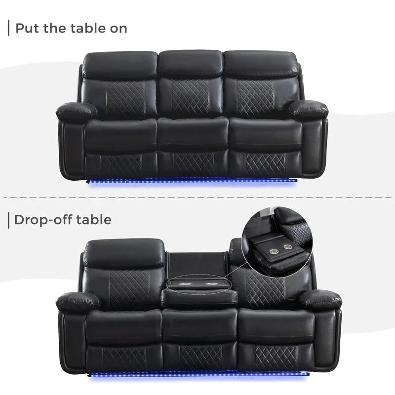 Power Reclining Sofa with Wireless Charger,Reading Light,LED Light for Living Room,Faux Leather,AC/USB Port,Cup Holder,Black