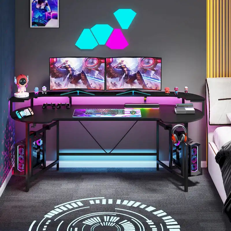 Scrivania da Gaming con Ripiano Monitor, Scrivania per PC Computer da 75 Pollici con Striscia LED