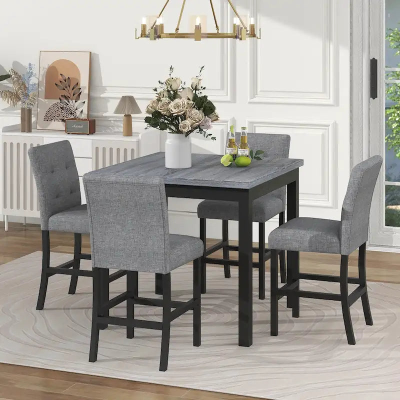 Set da pranzo da 5 pezzi ad altezza bancone, set tavolo da pranzo in legno con tavolo rettangolare e 4 sedie imbottite con schienale alto
