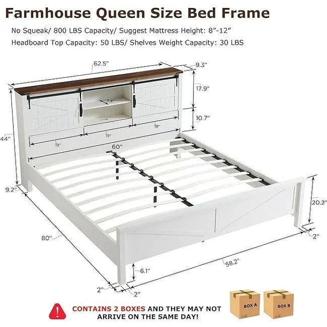Struttura Letto Matrimoniale Queen Size Stile Rustico con Ripiani Contenitori e Stazione di Ricarica