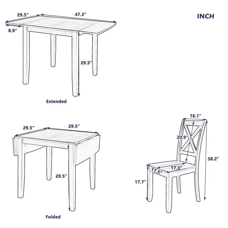 Set da Tavolo da Pranzo 3 Pezzi in Legno con Piano Ribaltabile e 2 Sedie a X per Piccoli Spazi