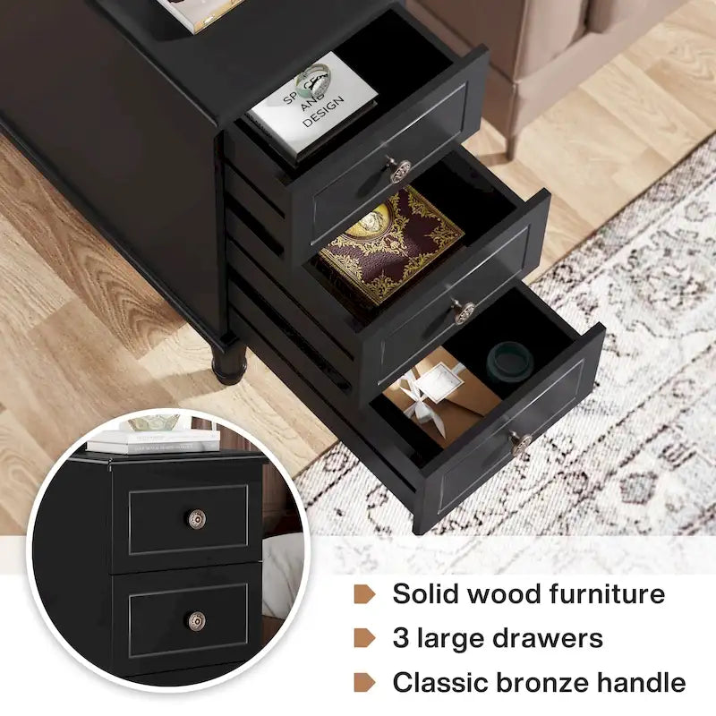 Fully Assembled Narrow End Table, Solid Wood Side Table with 3 Drawers, Vintage Nightstand Slim Bedside Table for Small Spaces