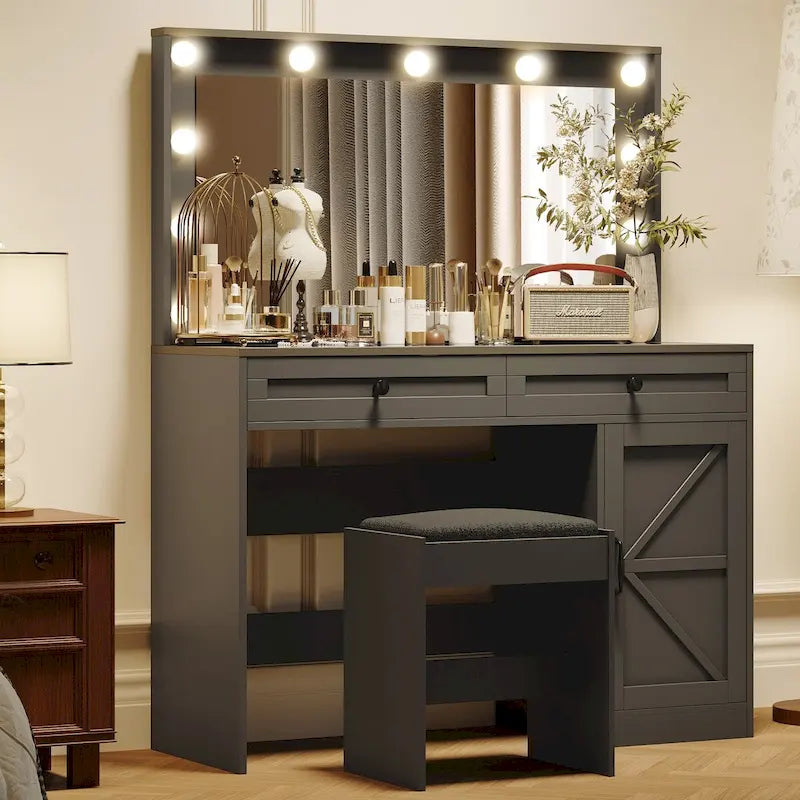 Roomfitters Toilette da Trucco Rustica con Luci, Scrivania con Specchio Illuminato e Anta a Scorrimento, Tavolo da Trucco con 2 Cassetti
