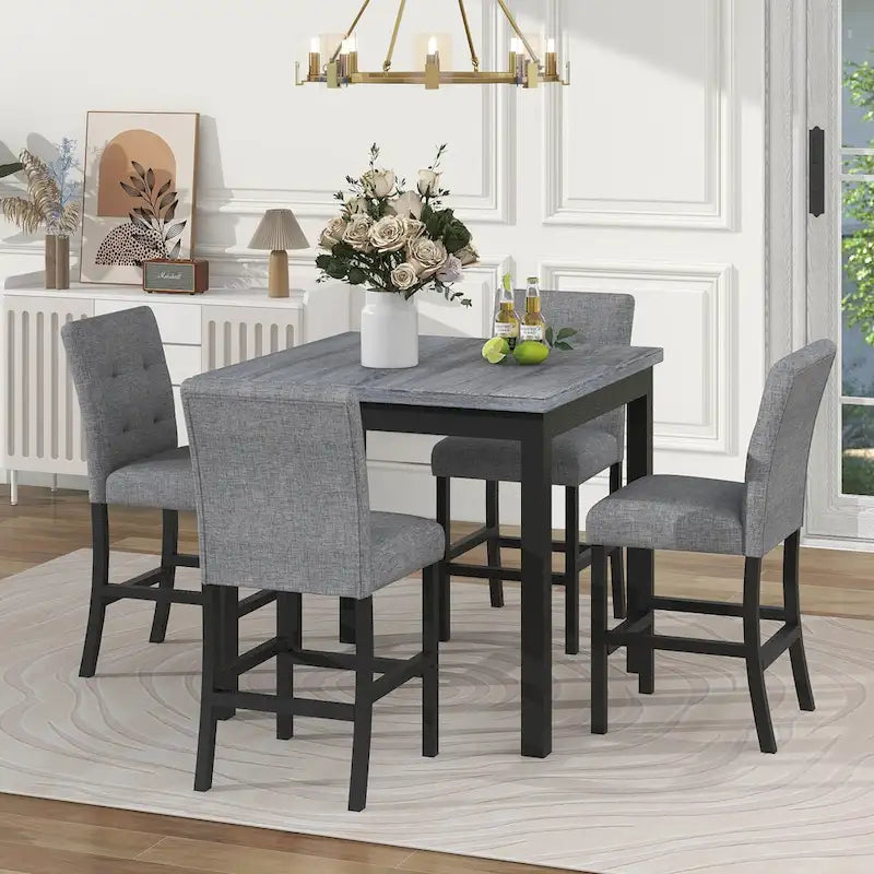 Set da pranzo da 5 pezzi ad altezza bancone, set tavolo da pranzo in legno con tavolo rettangolare e 4 sedie imbottite con schienale alto