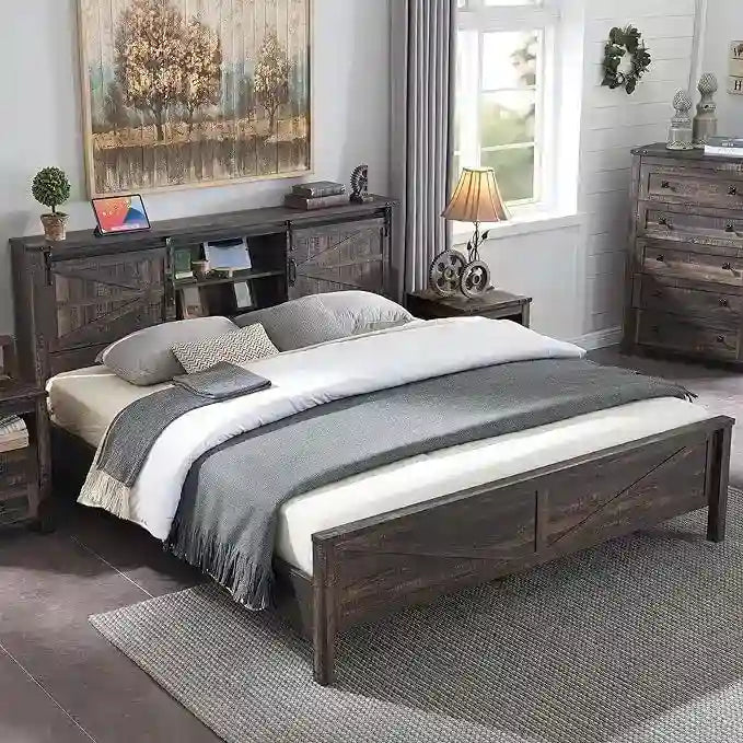 Struttura Letto Matrimoniale Queen Size Stile Rustico con Ripiani Contenitori e Stazione di Ricarica