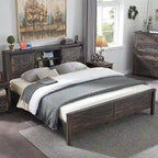 Struttura Letto Matrimoniale Queen Size Stile Rustico con Ripiani Contenitori e Stazione di Ricarica