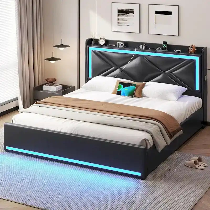 Struttura letto con luci LED per testiera e stazione di ricarica USB-C/A, 4 cassetti
