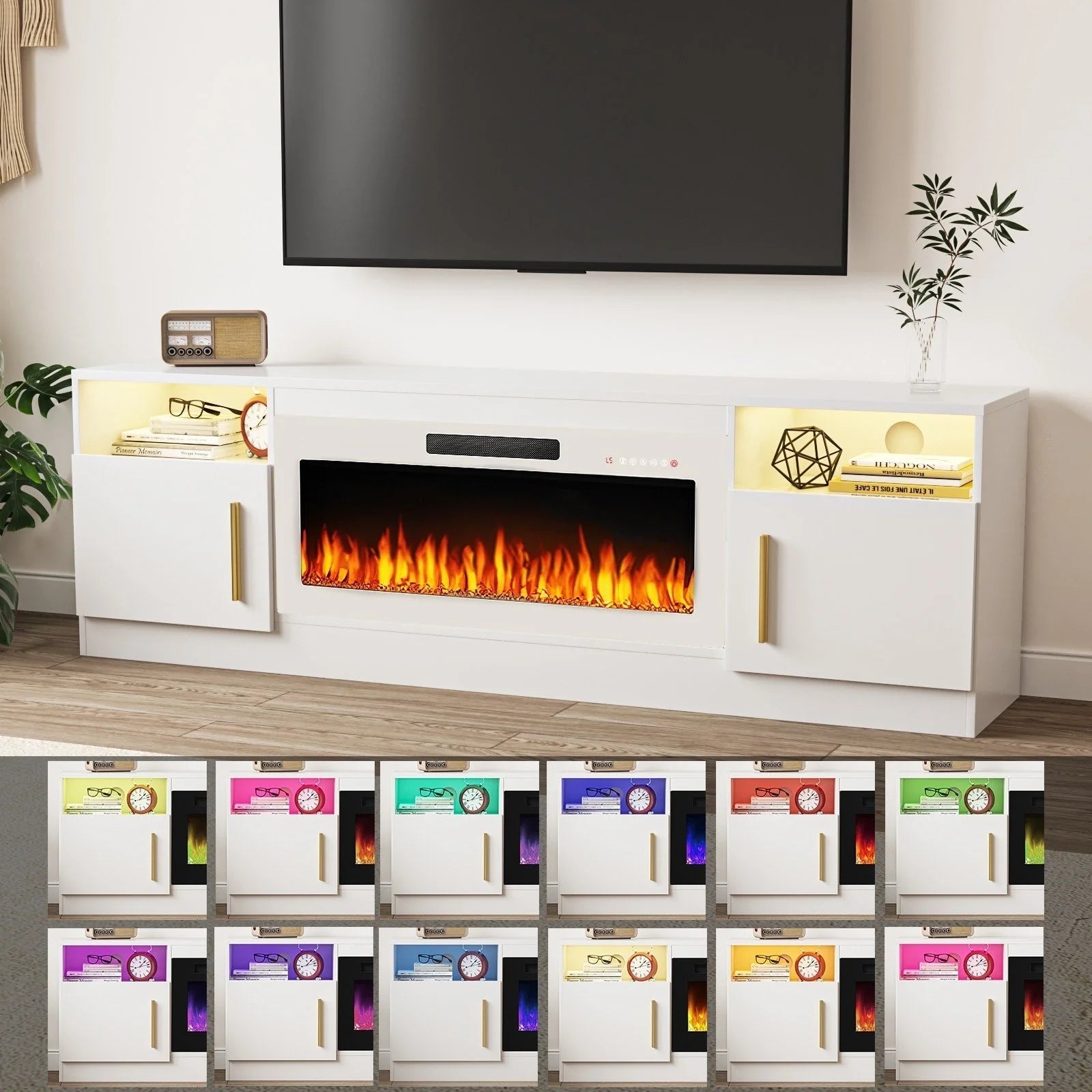Mobile TV Bossin 70" con caminetto elettrico 36", Mobile TV per televisori fino a 80", 16 colori LED/Centro di intrattenimento