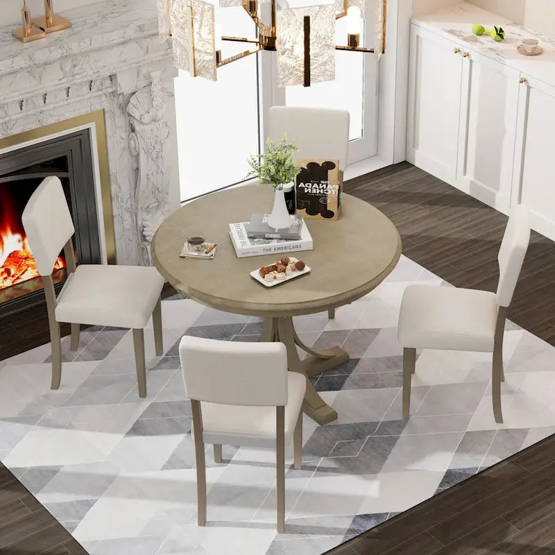 Set da pranzo retro in legno da 5 pezzi color tortora con tavolo a cavalletto curvo e 4 sedie