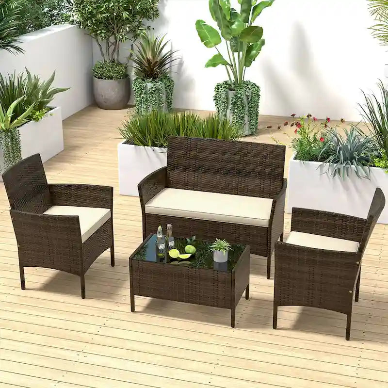 Costway Set di 4 Mobili da Giardino con Cuscini Lavabili e Vetro Temperato - Vedi Dettagli