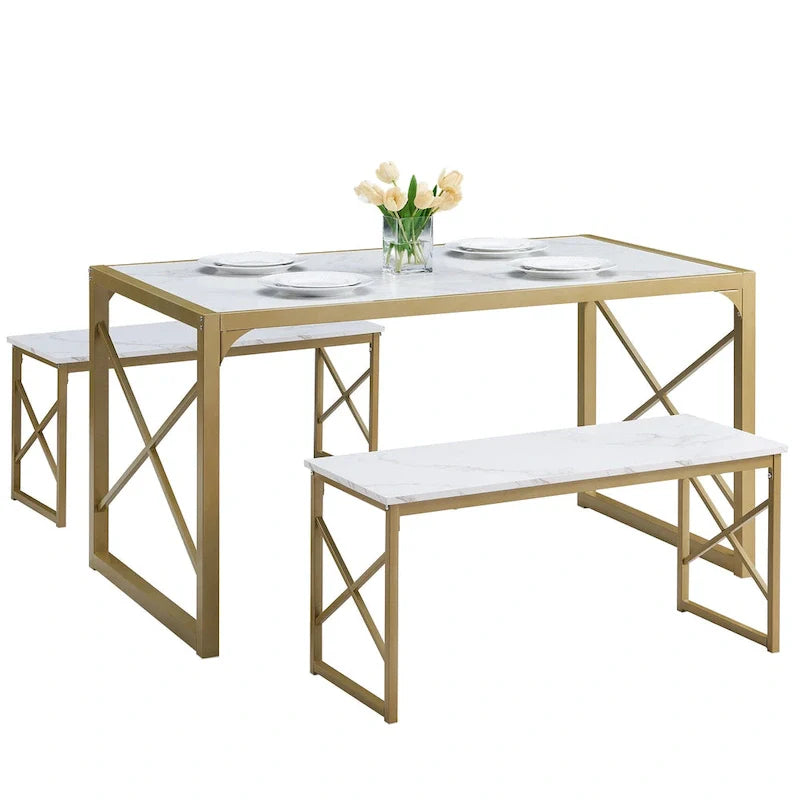 VECELO Tavolo da Pranzo 3 Pezzi con Panca, Set Tavolo da Pranzo per 4-6 Posti, Tavolo da Cucina con 2 Panche, Set Tavolo da Pranzo