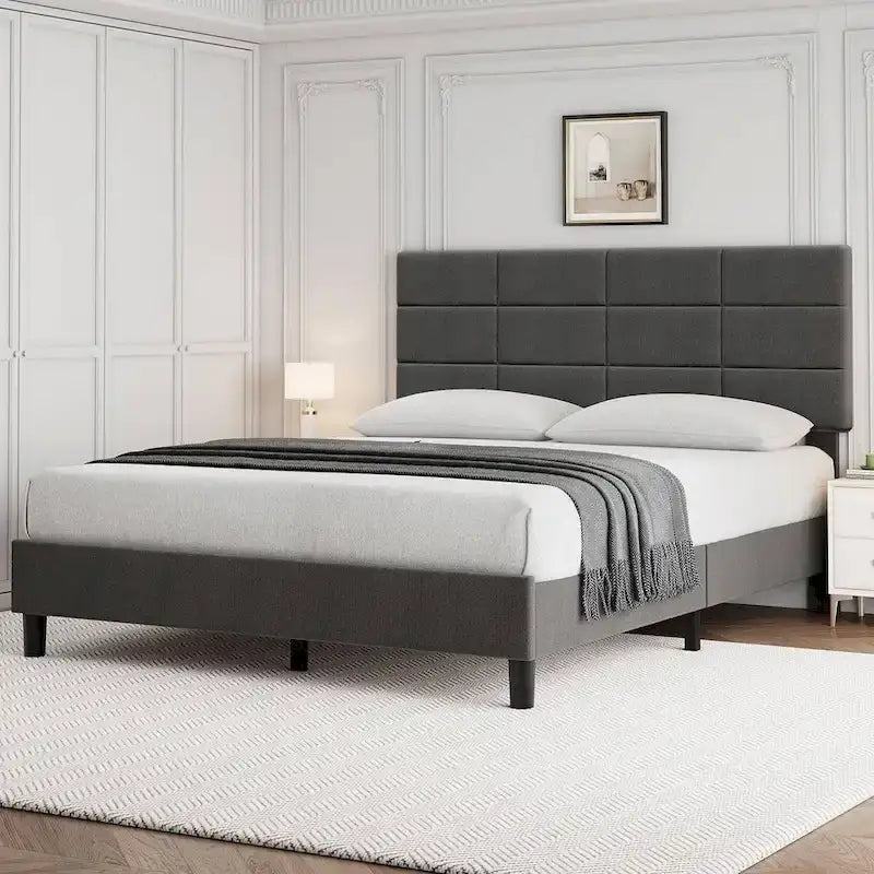 Struttura letto imbottita in lino con supporto a doghe in legno