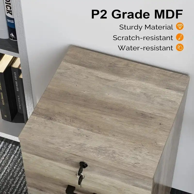 2-Drawer Rolling Wood File Cabinet with Lock