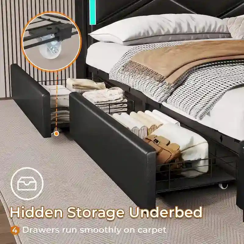 Struttura letto con luci LED per testiera e stazione di ricarica USB-C/A, 4 cassetti